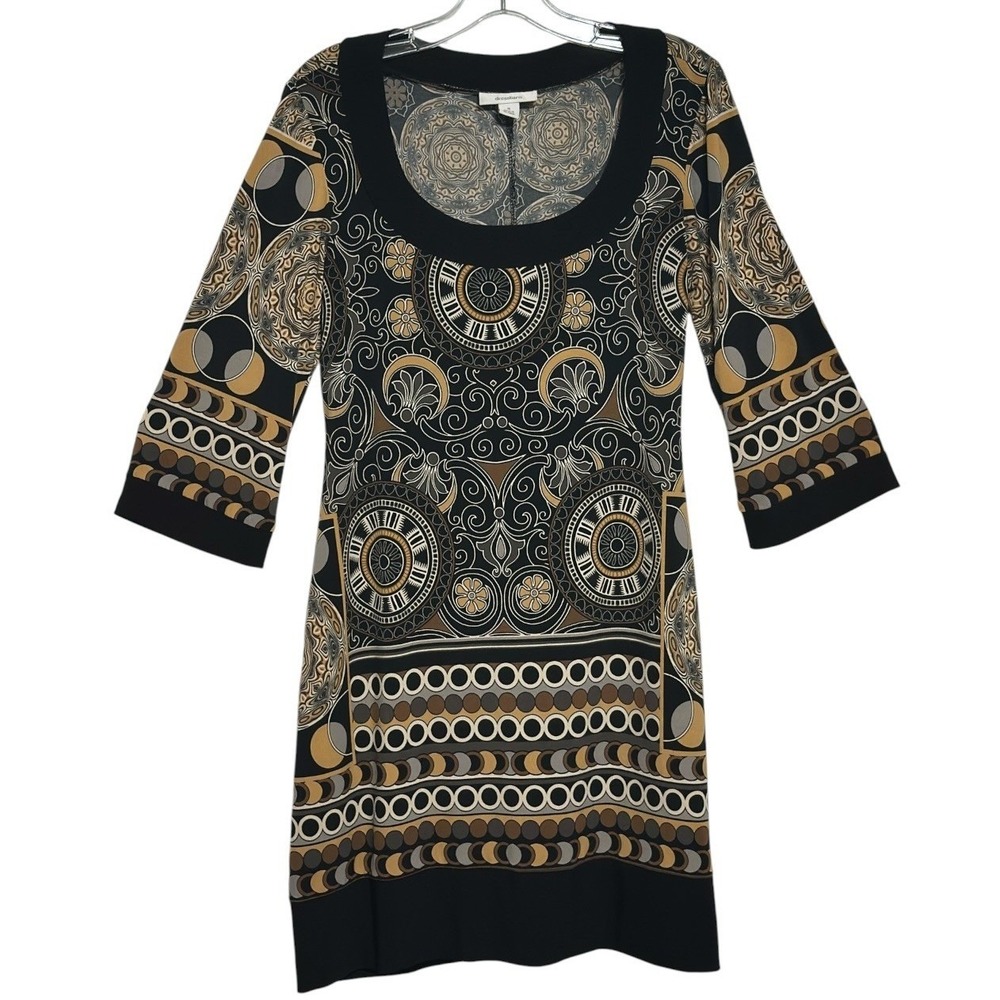 Dressbarn Sheath Dress Women Black Tan Geometric 3/4 Sleeve Retro Chic Fall S